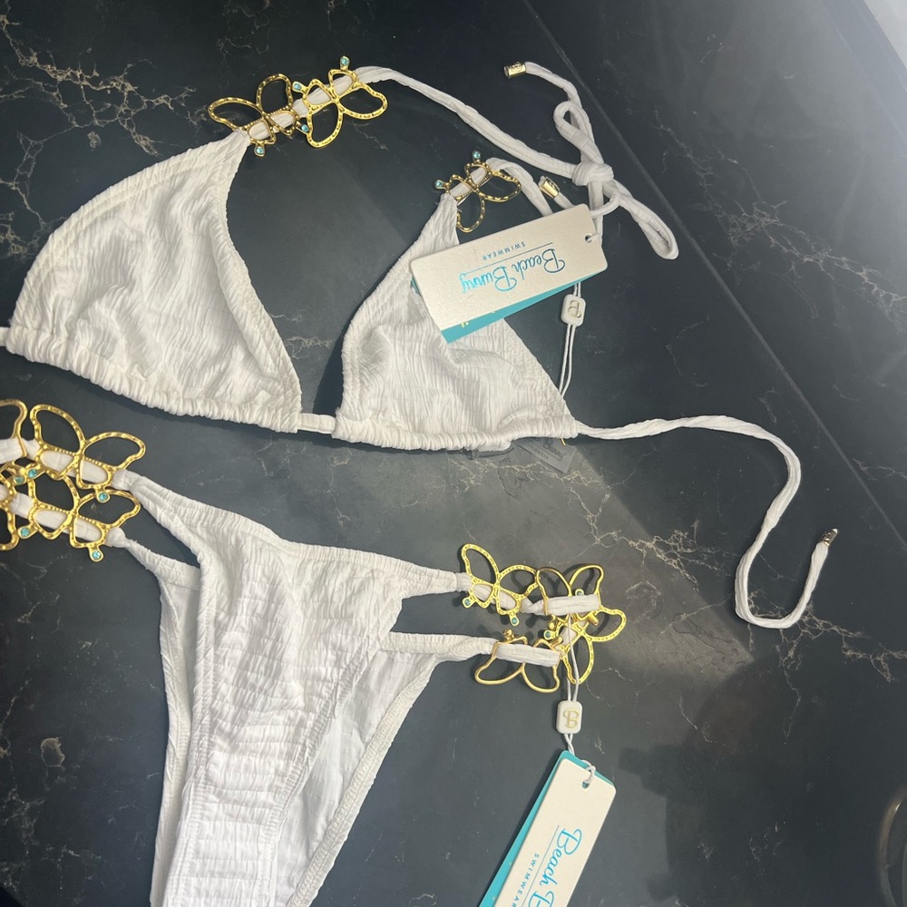 Beach Bunny White Triangle Bikini with Gold Butterfly Accents